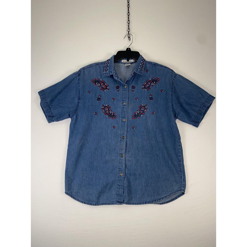 Maggie & Max Shirt Womens Large Blue Denim Paisley Embroidered Button Up Top